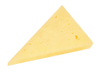 Cheese piece isolated on white background.  Gouda cheese triangle top view. Flat lay