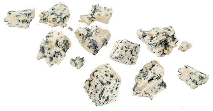 Levitating Blue cheese isolated on white background. High Quality Flying Mould blue cheese Explosion. Top view. Flat lay. - Powered by Adobe
