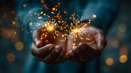 Close up of hands holding sparklers glowing in night celebration 