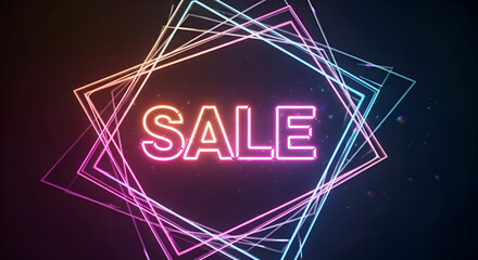 Vibrant neon 'SALE' sign with glowing geometric frames on a dark background, perfect for promotions and advertising.