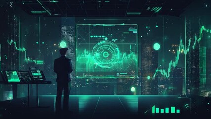 Trader analyzing financial data in futuristic cityscape - Powered by Adobe