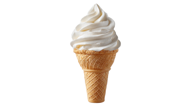 Soft serve ice cream cone with creamy swirl showing delicious sweet dessert treat isolated on white background