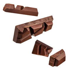  Levitating milk chocolate pieces isolated on white background. High Quality  Flying Broken Chocolate chunks splash. Chocolate explosion.