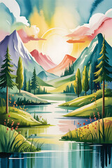 Winter landscape with mountains and pine trees illustration design for wall art.