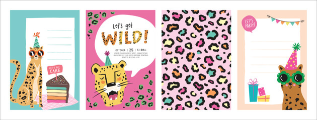 Set of birthday greeting cards with leopards, cake and leopard's pattern texture.

