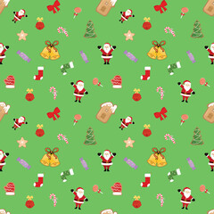 Mint green Christmas seamless pattern. Features festive icons like Santa Claus, gingerbread house, bells, Christmas trees, and stockings. Great for holiday design
