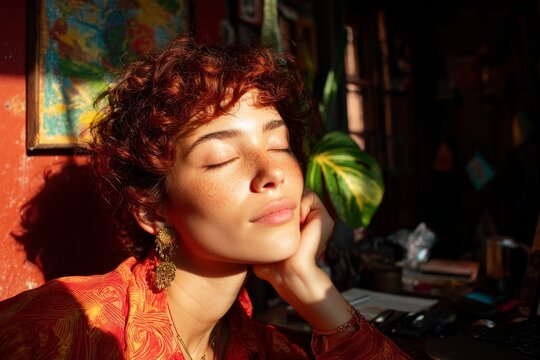 Balancing work and rest: peaceful interlude for a nomadic worker. Human touch. Work and wellness: latina nomad in a lush garden setting. Candid shot. Pure reality.