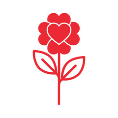 Red heart flower icon with green leaf stem on white background, symbol of love and romance.