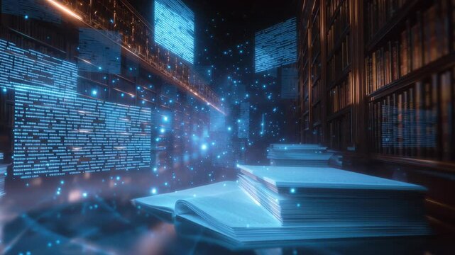 bookshelves in library, modern library with digital catalog