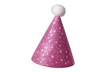Pink glitter party hat with white pom-pom celebrating birthday festive decoration on transparent background