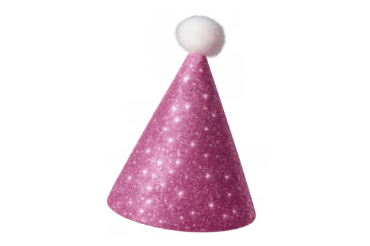 Pink glitter party hat with white pom-pom celebrating birthday festive decoration on transparent background - Powered by Adobe
