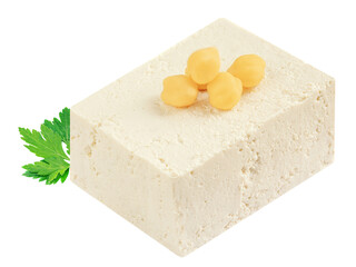 Diced tofu cheese isolated on white background. Tofu cheese with soy beans close up