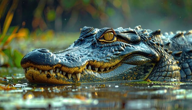 Close-up of an alligator head with sharp teeth in a swamp