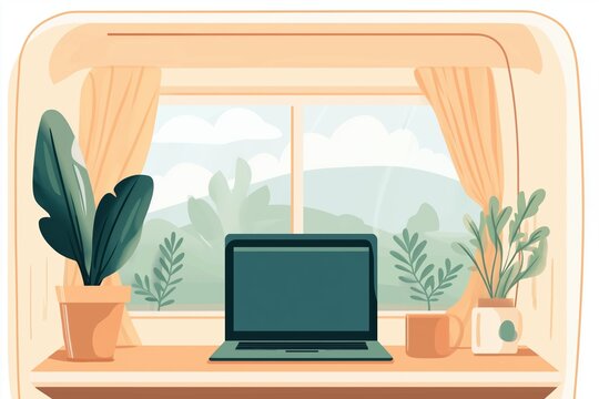 Cozy home office or remote workspace illustration. Laptop on desk with potted plants, mug, and scenic nature view from window