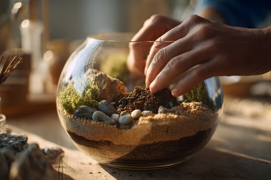 Hands arranging soil and creating a miniature green terrarium in a glass bowl, developing a diy hobby for home gardening and cultivating a small ecosystem