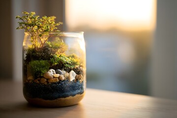 Terrarium with diverse green plants, moss, and layered substrates fostering a miniature biotope, illuminated by warm, soft light from a window at golden hour