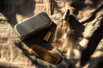 Eco-friendly travel toiletry kit with clear spray bottle, metal tin box, and wooden comb, highlighting sustainable personal care and zero waste grooming essentials for a conscious lifestyle
