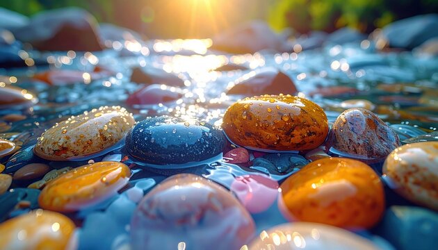 Close-up of wet river rocks in a calm stream at sunset