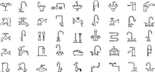 Detailed plumbing icon set with faucets, taps, and water fixtures. Professional minimal line vector for utility, maintenance, and service concepts.