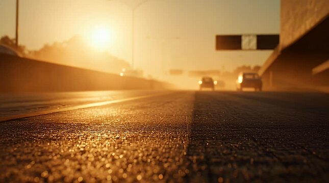 Golden Hour Commute Cars on Highway at Sunset.
