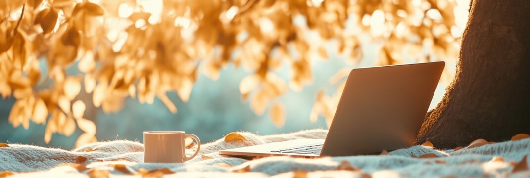 Laptop and coffee mug on a cozy blanket in an autumn park. Freelance or remote work concept in nature with golden fall leaves - Powered by Adobe