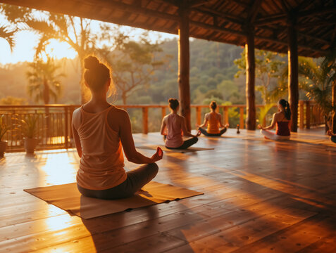 Back view of women in a yoga class meditating at sunrise. Wellness retreat in a tropical outdoor pavilion with a nature view