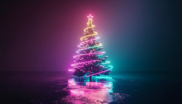 Illuminated Christmas tree with vibrant neon lights creating a festive holiday atmosphere perfect for modern seasonal designs and greetings
