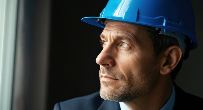 Thoughtful man in a blue hard hat gazing out the window