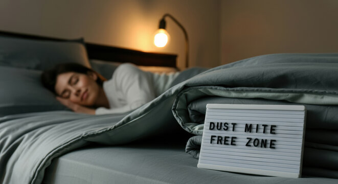 A woman peacefully sleeping in a dust mite free zone on a cozy bed