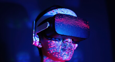 Person wearing virtual reality headset with colorful light effects