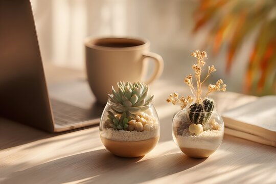 Mini terrariums with a succulent and a cactus with dried blooms sit on a wooden desk beside a laptop and steaming coffee, bathed in warm morning sunlight for a calm workspace