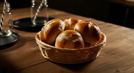 Fresh bread rolls arranged in a wicker basket on a wooden table with warm lighting