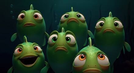 Colorful animated fish characters with expressive faces in underwater scene