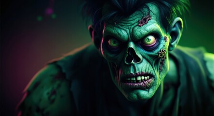 A frightening zombie with glowing eyes and decayed skin in a dark, eerie setting