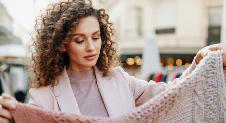 Woman examining a knitted sweater outdoors in an urban setting