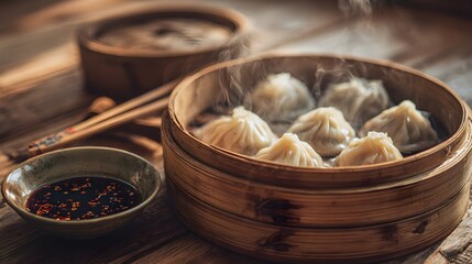 Steaming hot xiaolongbao dim sum dumplings in a bamboo steamer basket set on a rustic wooden table with soy sauce and chili oil, experiencing authentic asian cuisine