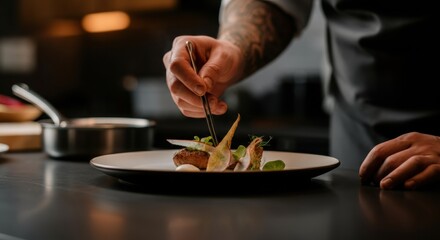 Chef garnishing a plated dish with tweezers in a professional kitchen setting