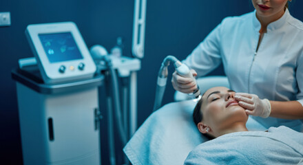 A woman receives a facial treatment in a modern clinic setting with advanced skincare equipment