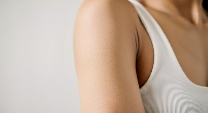 Close-up of a woman's shoulder and upper arm with smooth skin and a sleeveless white top