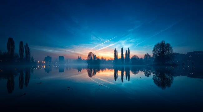 Beautiful blue sky with a few clouds and a reflection of the trees in the water. The sky is calm and peaceful