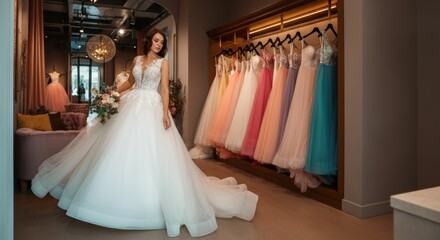 Woman trying on wedding dress in boutique with colorful gowns hanging on rack