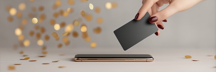 Hand with burgundy nails holding black credit card above smartphone, scattered gold foil confetti in background