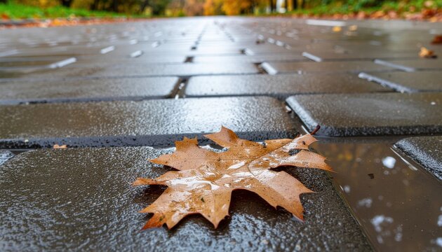 Fallen autumn leaf on wet pavement after rain