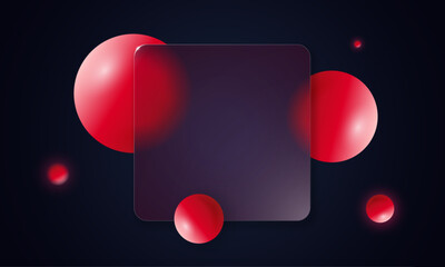 Glossy glassmorphism composition in red and black shades. Transparent blur with geometric glow glass morphism and bubble texture. Modern abstract background for web or app.