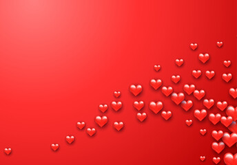 Valentine's Day greeting card with red hearts flying scattered over background. Symbol of love and spring, sprayed