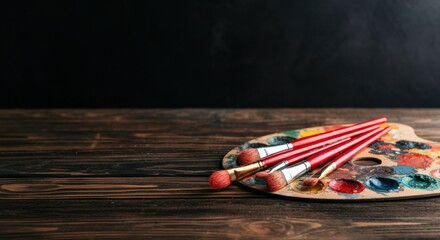 Colorful paintbrushes and palette on dark wooden surface with a black background