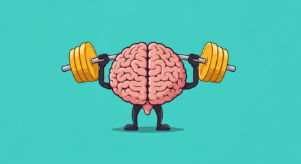 A cartoon brain character lifting a heavy barbell with weights on a solid teal background
