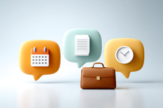 A modern, minimalist composition showcasing icons representing time, organization, and business, along with a stylish briefcase.
