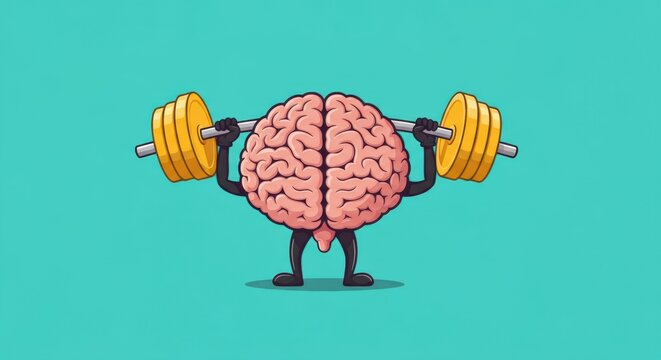 A cartoon brain character lifting a heavy barbell with weights on a solid teal background