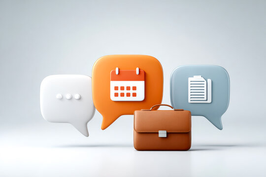 A modern graphic featuring speech bubbles, a calendar icon, a document, and a briefcase, symbolizing communication and organization.